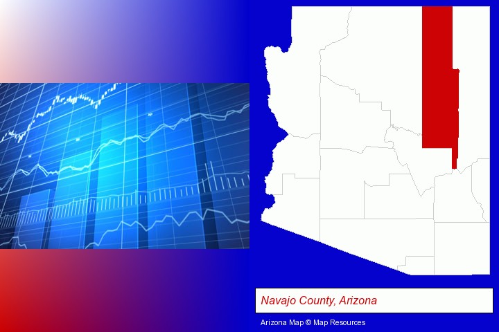 a financial chart; Navajo County, Arizona highlighted in red on a map