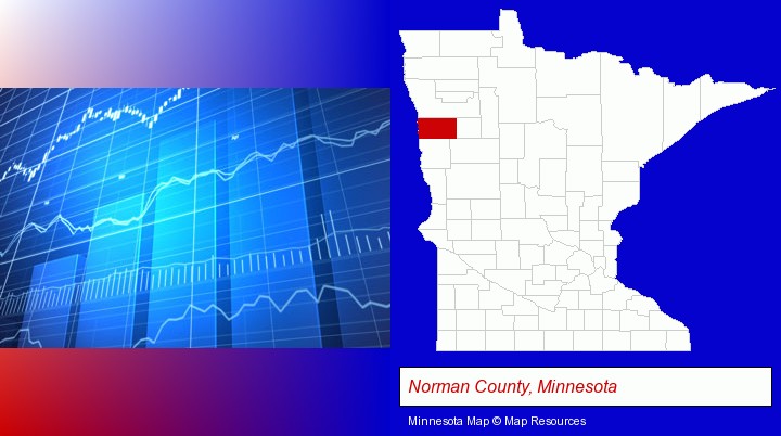 a financial chart; Norman County, Minnesota highlighted in red on a map