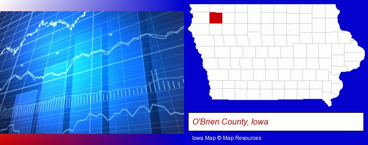 a financial chart; O'Brien County, Iowa highlighted in red on a map