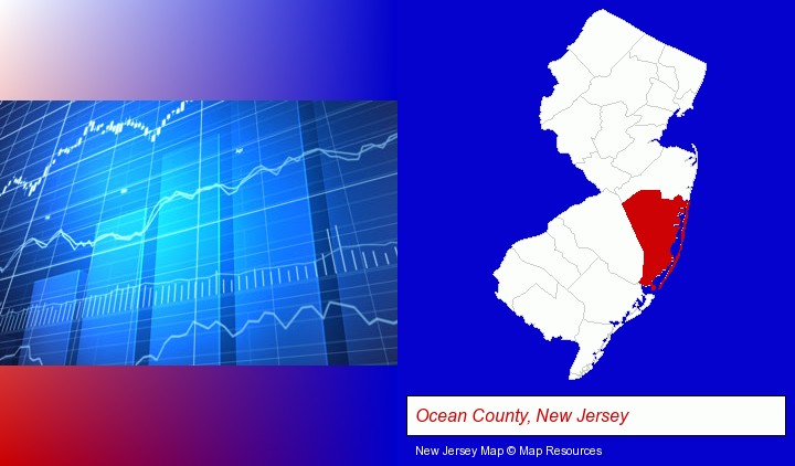 a financial chart; Ocean County, New Jersey highlighted in red on a map