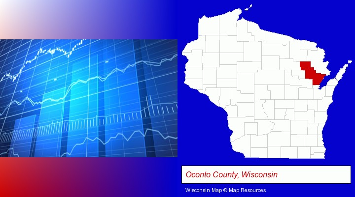 a financial chart; Oconto County, Wisconsin highlighted in red on a map