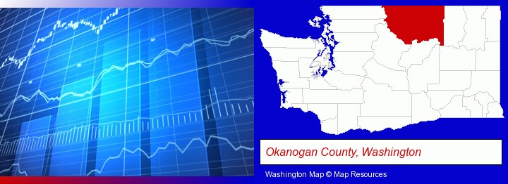 a financial chart; Okanogan County, Washington highlighted in red on a map