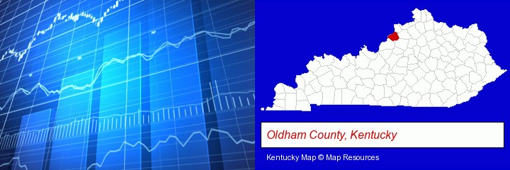 a financial chart; Oldham County, Kentucky highlighted in red on a map
