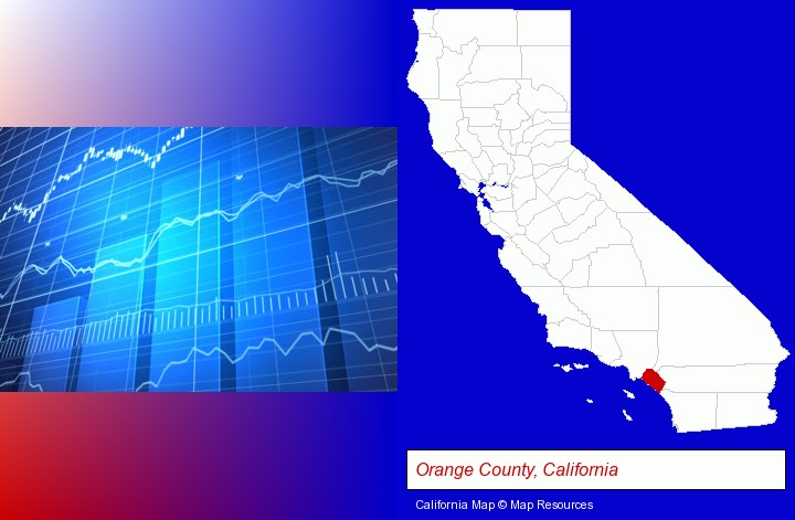 a financial chart; Orange County, California highlighted in red on a map