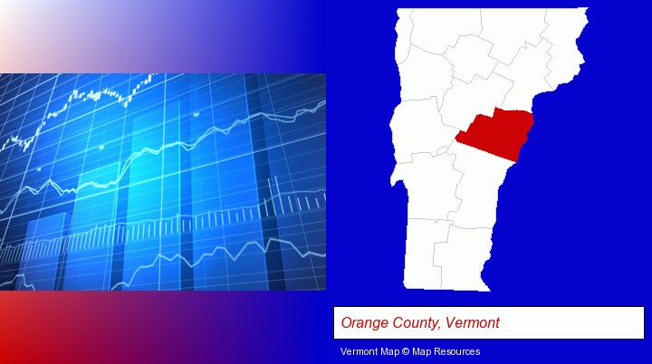 a financial chart; Orange County, Vermont highlighted in red on a map