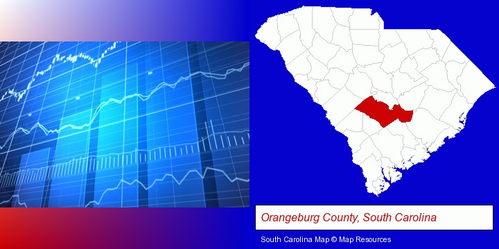 a financial chart; Orangeburg County, South Carolina highlighted in red on a map