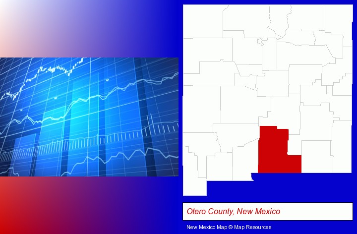 a financial chart; Otero County, New Mexico highlighted in red on a map