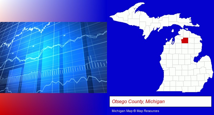 a financial chart; Otsego County, Michigan highlighted in red on a map