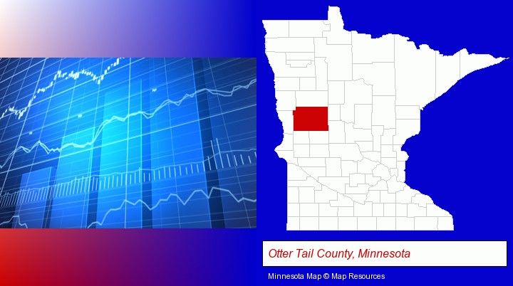 a financial chart; Otter Tail County, Minnesota highlighted in red on a map