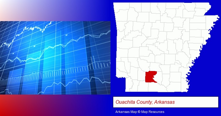 a financial chart; Ouachita County, Arkansas highlighted in red on a map