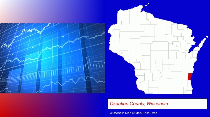 a financial chart; Ozaukee County, Wisconsin highlighted in red on a map