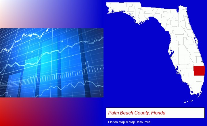 a financial chart; Palm Beach County, Florida highlighted in red on a map