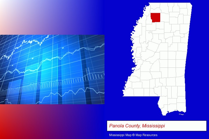 a financial chart; Panola County, Mississippi highlighted in red on a map