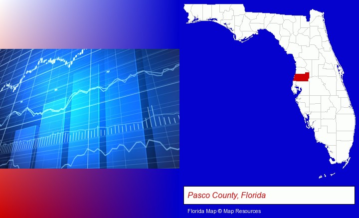 a financial chart; Pasco County, Florida highlighted in red on a map