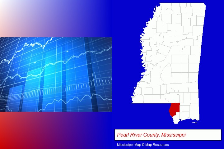 a financial chart; Pearl River County, Mississippi highlighted in red on a map