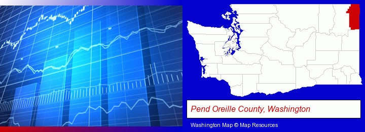 a financial chart; Pend Oreille County, Washington highlighted in red on a map