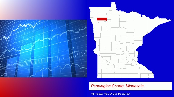 a financial chart; Pennington County, Minnesota highlighted in red on a map