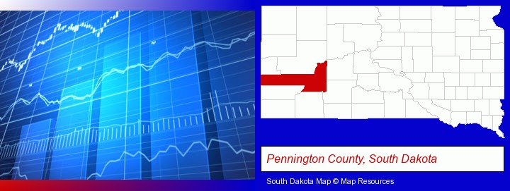a financial chart; Pennington County, South Dakota highlighted in red on a map