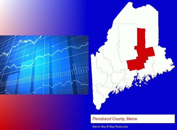 a financial chart; Penobscot County, Maine highlighted in red on a map