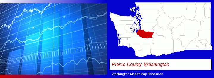 a financial chart; Pierce County, Washington highlighted in red on a map