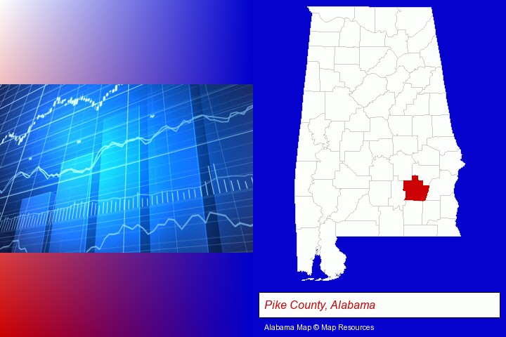 a financial chart; Pike County, Alabama highlighted in red on a map