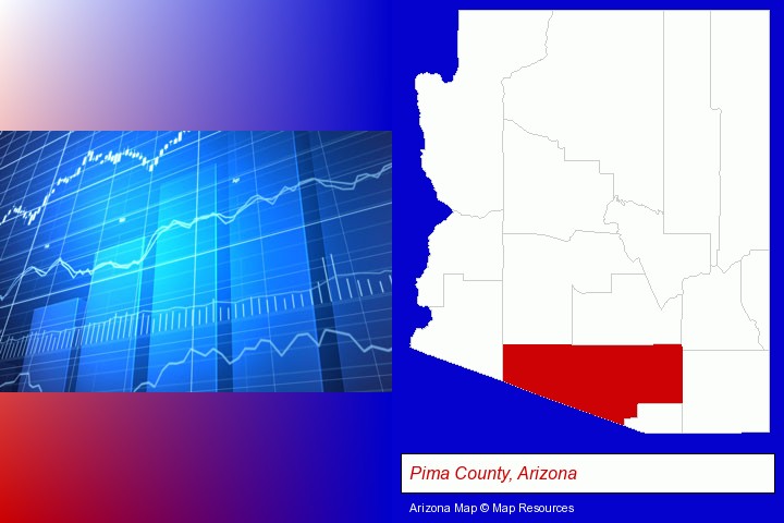 a financial chart; Pima County, Arizona highlighted in red on a map