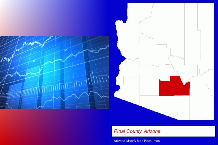 a financial chart; Pinal County, Arizona highlighted in red on a map