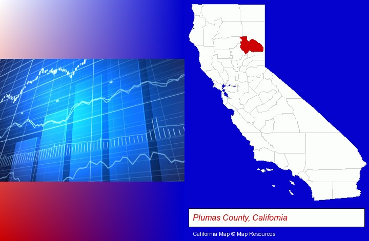a financial chart; Plumas County, California highlighted in red on a map
