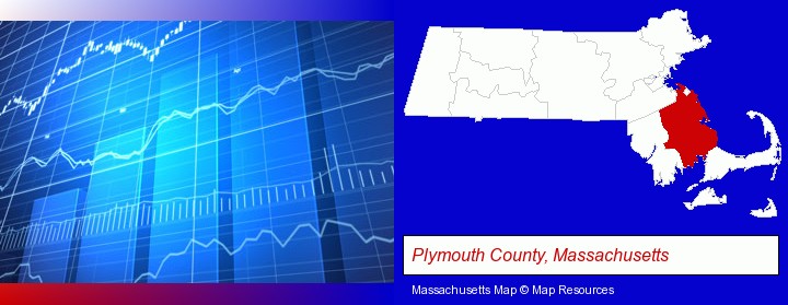 a financial chart; Plymouth County, Massachusetts highlighted in red on a map
