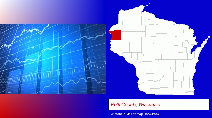 a financial chart; Polk County, Wisconsin highlighted in red on a map