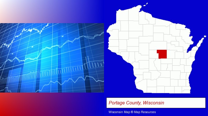 a financial chart; Portage County, Wisconsin highlighted in red on a map