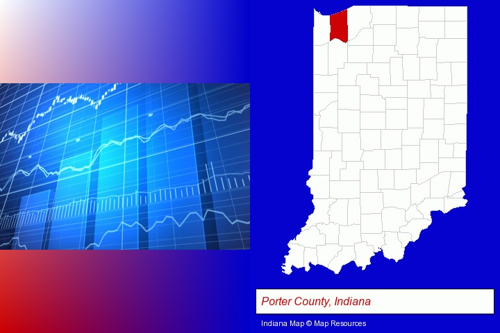 a financial chart; Porter County, Indiana highlighted in red on a map