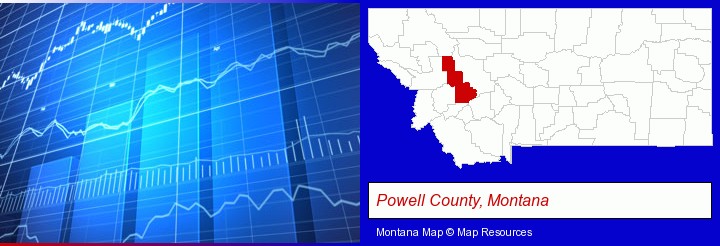 a financial chart; Powell County, Montana highlighted in red on a map
