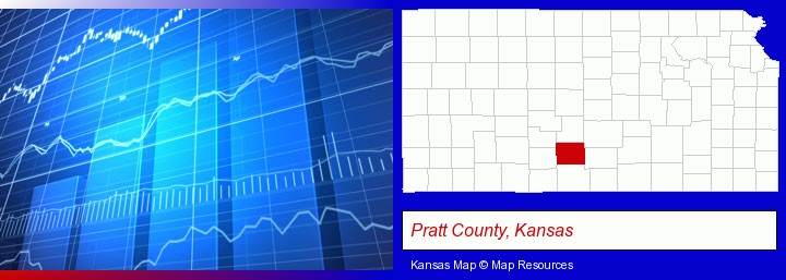 a financial chart; Pratt County, Kansas highlighted in red on a map