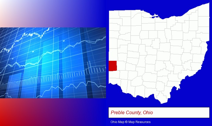 a financial chart; Preble County, Ohio highlighted in red on a map