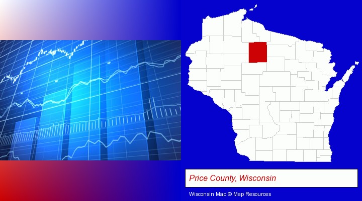 a financial chart; Price County, Wisconsin highlighted in red on a map
