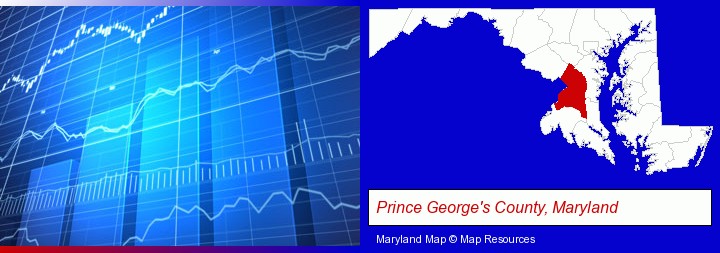 a financial chart; Prince George's County, Maryland highlighted in red on a map