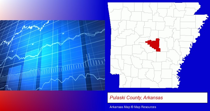a financial chart; Pulaski County, Arkansas highlighted in red on a map
