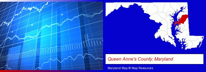 a financial chart; Queen Anne's County, Maryland highlighted in red on a map