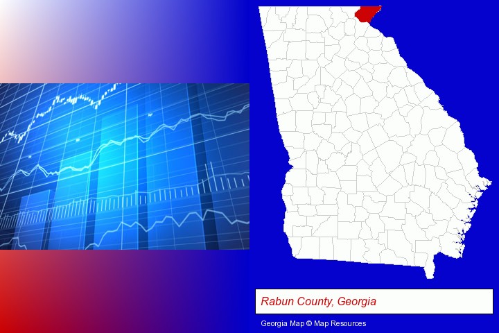 a financial chart; Rabun County, Georgia highlighted in red on a map