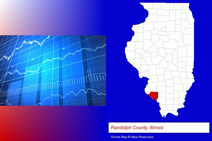 a financial chart; Randolph County, Illinois highlighted in red on a map