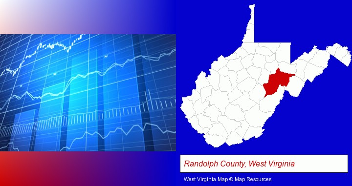 a financial chart; Randolph County, West Virginia highlighted in red on a map