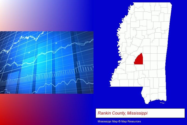 a financial chart; Rankin County, Mississippi highlighted in red on a map