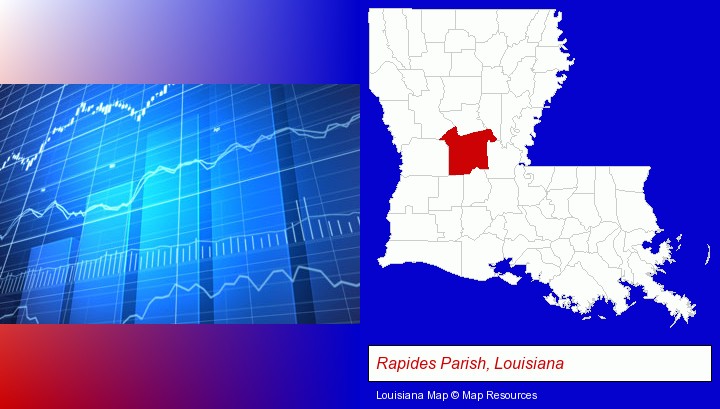a financial chart; Rapides Parish, Louisiana highlighted in red on a map