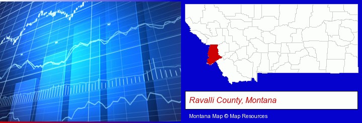a financial chart; Ravalli County, Montana highlighted in red on a map