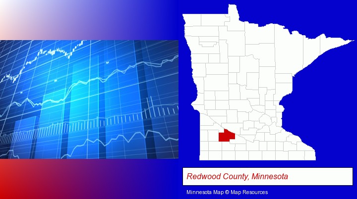 a financial chart; Redwood County, Minnesota highlighted in red on a map
