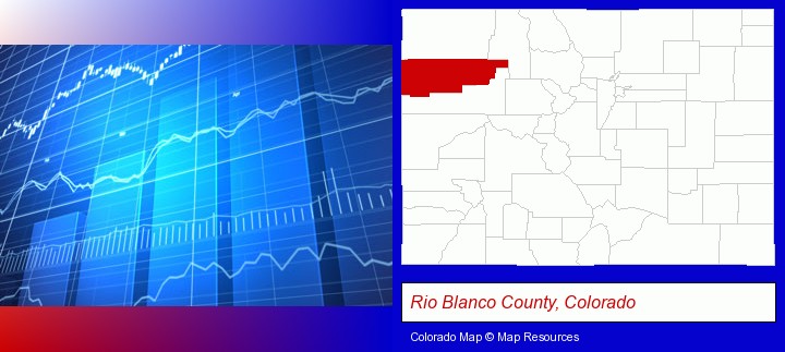 a financial chart; Rio Blanco County, Colorado highlighted in red on a map