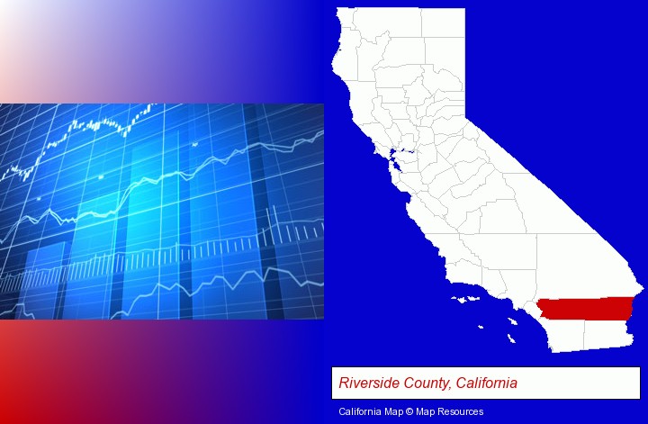 a financial chart; Riverside County, California highlighted in red on a map