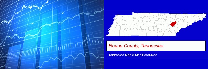 a financial chart; Roane County, Tennessee highlighted in red on a map