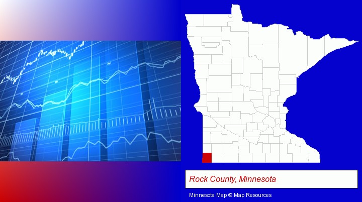 a financial chart; Rock County, Minnesota highlighted in red on a map